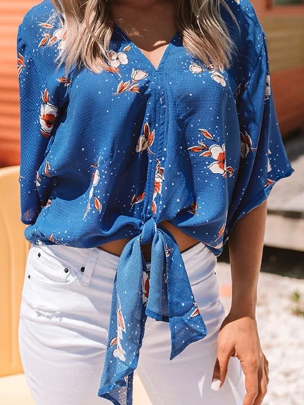 lovestitch Royal Blue Floral Tie-Front V-Neck Blouse